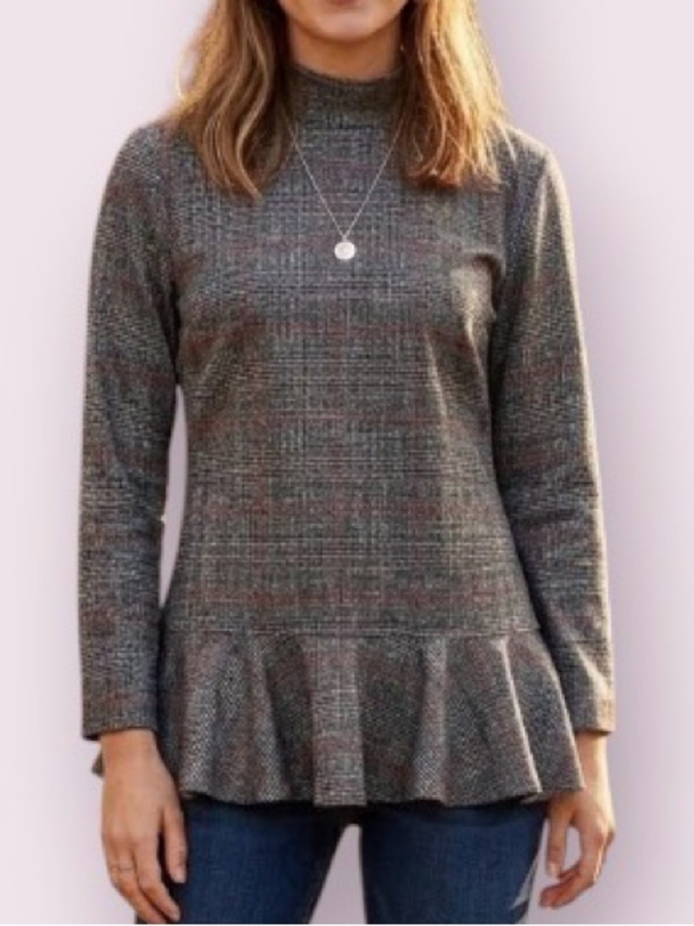 Zara Plaid Peplum Tunic Top Mock Neck Gray Black Red Size XS